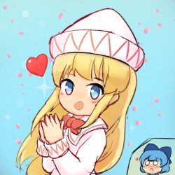 Rule 34 | 2girls, blonde hair, blouse, blue eyes, blue hair, blush, bow, bowtie, cirno, collared shirt, ferdy&#039;s lab, flirting, hair bow, hat, heart, highres, large bow, lily white, long hair, long sleeves, multiple girls, o o, own hands together, shirt, short hair, sparkle, touhou, yuri