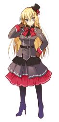 Rule 34 | 10s, 1girl, alternate costume, belt, bismarck (kancolle), blonde hair, blue eyes, blush, bow, brown gloves, character check, dress, full body, gloves, grey dress, hand on own hip, hat, hat ribbon, high heels, highres, kantai collection, long hair, long sleeves, military, military uniform, mini hat, mini top hat, ohta yuichi, ribbon, simple background, solo, top hat, uniform, very long hair, white background