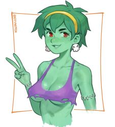 1girl blush breasts cleavage colored_skin cropped_torso earrings effy_neprin freckles green_hair green_skin hairband jewelry pink_shirt red_eyes rottytops shantae_(series) shiny_skin shirt short_hair skull_earrings smile solo teeth torn_clothes torn_shirt yellow_hairband zombie