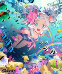 Rule 34 | 1girl, animal ears, armband, blue eyes, braid, character request, chkuyomi, commentary request, copyright name, coral, fish, flower, hair flower, hair ornament, long hair, ocean, official art, open mouth, pink flower, rainbow, sailor collar, school uniform, serafuku, shingeki no bahamut, single braid, sleeveless, smile, starfish, submerged, swimming, symbol-shaped pupils, tropical fish, twintails, underwater, white hair