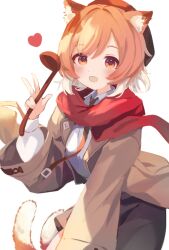 Rule 34 | 1girl, :d, animal ears, arknights, black pants, blush, brown jacket, cat ears, cat girl, cat tail, cowboy shot, hat, heart, highres, holding, holding ladle, jacket, ladle, long sleeves, mini hat, mousse (arknights), mousse (campfire cooking smoke) (arknights), multiple tails, open clothes, open jacket, open mouth, orange eyes, orange hair, pants, red scarf, scarf, shirt, short hair, simple background, smile, solo, suzuiro (chocolatte), tail, two tails, v, white background, white shirt