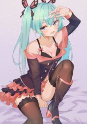 Rule 34 | 1girl, aqua hair, bare shoulders, black footwear, black suit, black thighhighs, blue eyes, blush, bra, breasts, butterfly hair ornament, formal, frilled skirt, frills, hair ornament, hatsune miku, high heels, honey whip (module), long hair, long sleeves, open clothes, open mouth, piku 39, skirt, smile, solo, suit, sweet devil (vocaloid), thighhighs, twintails, underwear, very long hair, vocaloid