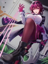 Rule 34 | 1girl, artist name, black jacket, boots, breasts, collared shirt, eyewear on head, firing, gloves, gun, hair between eyes, highres, holding, holding gun, holding weapon, honkai: star rail, honkai (series), indoors, jacket, kafka (honkai: star rail), kutsuda miru, large breasts, long sleeves, looking down, open mouth, pantyhose, purple eyes, purple gloves, purple hair, purple pantyhose, round eyewear, shirt, single thigh boot, solo focus, stepped on, sunglasses, teeth, thigh boots, thighs, wall, weapon, white shirt