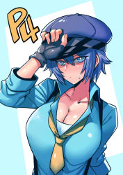 Rule 34 | 1girl, blue eyes, blue hair, blue shirt, breasts, cabbie hat, cleavage, gloves, hat, large breasts, necktie, persona, persona 4, persona 4: dancing all night, persona dancing, shirogane naoto, shirt, short hair, simple background, solo, tukiwani