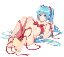 Rule 34 | 1girl, barefoot, between toes, blue eyes, blue hair, bow, breasts, closed mouth, collarbone, eyelashes, feet, full body, hair ornament, hatsune miku, highres, holding, knees up, legs together, legs up, long hair, long legs, looking at viewer, lying, matching hair/eyes, naked ribbon, nian (zhanian), on back, pigeon-toed, red bow, red ribbon, ribbon, shadow, simple background, small breasts, smile, solo, toes, twintails, very long hair, vocaloid, white background