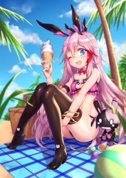 Rule 34 | 1girl, ;d, animal ears, armband, aura kingdom, beach, black thighhighs, blue eyes, blurry, blush, bra, bracelet, breasts, cat lingerie, cesela, cleavage cutout, clothing cutout, day, depth of field, detached collar, food, hair between eyes, high heels, highres, ice cream, ice cream cone, jewelry, knees together feet apart, meme attire, one eye closed, open mouth, outdoors, panties, picnic basket, pink bra, pink hair, rabbit ears, shennai misha, shiny skin, side-tie panties, sitting, small breasts, smile, solo, thighhighs, underwear, underwear only, wavy eyes
