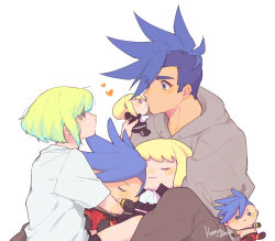 Rule 34 | 2boys, androgynous, artist name, ascot, blue eyes, blue hair, blush, brown hoodie, character doll, closed eyes, commentary, cropped legs, doll, expressionless, galo thymos, green hair, heart, holding, holding doll, holding stuffed toy, hood, hoodie, kiss, kome 1022, lio fotia, looking at another, male focus, mohawk, multiple boys, pink eyes, promare, shirt, short hair, sidelocks, simple background, sitting, spiked hair, stuffed toy, t-shirt, white background