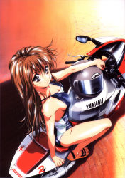 Rule 34 | 1990s (style), 1girl, blue eyes, breasts, brown hair, cleavage, feet, from above, highres, kawarajima kou, long hair, motor vehicle, motorcycle, nail polish, one-piece swimsuit, pink nails, retro artstyle, sandals, smile, solo, swimsuit, toenail polish, toenails, vehicle