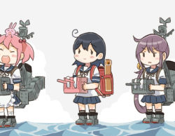 Rule 34 | 3girls, adapted turret, ahoge, akebono (kancolle), animal, animal on head, apron, bell, black hair, blue sailor collar, blue skirt, cannon, commentary request, dress, flower, full body, hair bell, hair bobbles, hair flower, hair ornament, jingle bell, kantai collection, long hair, multiple girls, on head, pink hair, pleated dress, pleated skirt, puffy short sleeves, puffy sleeves, purple hair, rabbit, rabbit on head, saiguchi otoufu, sailor collar, sazanami (kancolle), sazanami kai (kancolle), school uniform, serafuku, short hair, short sleeves, side ponytail, simple background, skirt, standing, standing on liquid, turret, twintails, ushio (kancolle), very long hair, waist apron, water, white apron, white background, wrist cuffs, yawning
