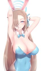 Rule 34 | 1girl, animal ears, armpits, arms behind head, asuna (blue archive), black pantyhose, blue archive, blue eyes, bow, bowtie, breasts, brown hair, cleavage, covered navel, detached collar, fake animal ears, food in mouth, gloves, grin, hair over one eye, highres, large breasts, leotard, long hair, looking at viewer, mole, mole on breast, nikuku (kazedesune), pantyhose, playboy bunny, pocky, pocky day, pocky in mouth, rabbit ears, simple background, smile, solo, very long hair, white background, white gloves