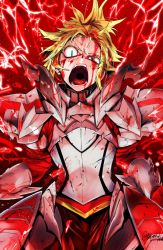 Rule 34 | 1girl, angry, armor, blonde hair, blood, blood from mouth, blood on face, commentary request, constricted pupils, fate/apocrypha, fate/grand order, fate (series), furious, gauntlets, glowing, green eyes, lightning, looking at viewer, mordred (fate), mordred (fate/apocrypha), open mouth, pauldrons, ponytail, shoulder armor, shouting, solo, spiked hair, torichamaru, twitter username, uvula, wide-eyed