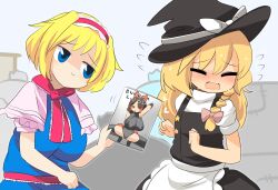Rule 34 | 2girls, alice margatroid, apron, benikurage (cookie), black hat, black skirt, black vest, blonde hair, blue dress, blue eyes, blush, bow, braid, breasts, capelet, closed eyes, closed mouth, commentary request, cookie (touhou), cowboy shot, dress, flat chest, flustered, flying sweatdrops, frilled apron, frilled hairband, frilled necktie, frilled sash, frills, hair bow, hairband, hakurei reimu, hat, hat bow, ichigo (cookie), kirisame marisa, large breasts, lets0020, long hair, manga (object), medium bangs, multiple girls, necktie, open mouth, pink bow, pink hairband, pink necktie, pink sash, pornography, puffy short sleeves, puffy sleeves, sash, shaded face, shirt, short hair, short sleeves, single braid, skirt, skirt set, smile, suzu (cookie), taimanin (series), touhou, turtleneck, vest, waist apron, white apron, white bow, white capelet, white shirt, witch hat
