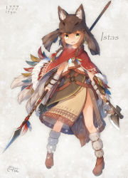 Rule 34 | &gt;:), 1girl, :d, absurdres, animal ear fluff, animal ears, axe, boots, braid, breath, brown hair, cape, character name, cloak, commentary request, coreytaiyo, dated, dual wielding, fang, feather hair ornament, feather trim, feathers, female focus, full body, fur-trimmed boots, fur cape, fur trim, hair ornament, hatchet, hatchet (axe), highres, holding, jewelry, medium hair, native american, open mouth, original, pendant, polearm, sheath, sheathed, signature, smile, solo, spear, standing, tail, traditional clothes, twin braids, v-shaped eyebrows, vambraces, weapon, wolf hat, wolf head, yellow eyes