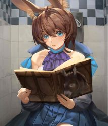 Rule 34 | 1girl, absurdres, amiya (arknights), animal ear fluff, animal ears, arknights, ascot, bare shoulders, black coat, blue eyes, blue skirt, book, brown hair, coat, collarbone, donkey, eyebrows hidden by hair, hair between eyes, highres, holding, holding book, indoors, long hair, long sleeves, open book, open clothes, open coat, open mouth, pleated skirt, purple ascot, rabbit ears, reading, renleiwanyier, restroom, sitting, skirt, solo