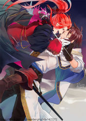Rule 34 | 2boys, alternate costume, alternate hairstyle, belt, black gloves, boots, bow, brown footwear, brown hair, cape, eye contact, gloves, hair bow, kratos aurion, long hair, looking at another, male focus, multiple boys, ponytail, rapier, red bow, red hair, rikoe, signature, sword, tales of (series), tales of symphonia, watermark, weapon, web address, white gloves, zelos wilder