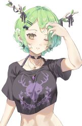 Rule 34 | 1girl, antlers, black shirt, breasts, ceres fauna, ceres fauna (goth), choker, crop top, flower, green hair, hair flower, hair ornament, hairclip, highres, hololive, hololive english, horns, jewelry, medium breasts, midriff, mole, mole under eye, necklace, nyaanite, official alternate costume, official alternate hairstyle, one eye closed, parted lips, shirt, short hair, simple background, solo, upper body, virtual youtuber, white background, yellow eyes