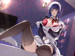 Rule 34 | 1girl, apron, arm under breasts, asmr, black panties, black thighhighs, bra, grabbing another&#039;s breast, breasts, breasts out, covered erect nipples, garter straps, grabbing, grabbing own breast, grey eyes, hayakawa akari, large breasts, maid, maid apron, maid headdress, original, panties, panty peek, partially undressed, purple hair, red bra, sitting, thighhighs, thighs, underwear