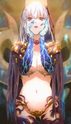 Rule 34 | 1girl, armor, bikini armor, blue skin, body markings, cape, colored skin, fate/grand order, fate (series), flower, gradient skin, hair between eyes, hair ribbon, hands on own face, kama (fate), kama (third ascension) (fate), kdm (ke dama), lips, long hair, looking at viewer, navel, parted lips, purple cape, red eyes, red flower, red ribbon, red rose, revealing clothes, ribbon, rose, solo, stomach, white hair, yandere trance