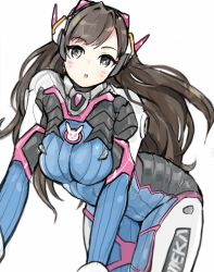 Rule 34 | 1girl, all fours, bodysuit, breasts, brown eyes, brown hair, d.va (overwatch), facial mark, headphones, highres, large breasts, long hair, looking at viewer, nago purin, overwatch, overwatch 1, parted lips, pilot suit, solo, swept bangs, thighs, whisker markings