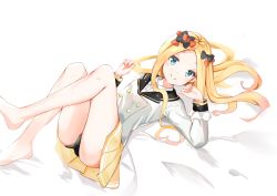 Rule 34 | 1girl, abigail williams (fate), absurdres, barefoot, bed sheet, black bow, black panties, blazer, blonde hair, bow, collared shirt, commentary request, dress shirt, fate/grand order, fate (series), feet out of frame, forehead, hair bow, hands up, highres, jacket, knees up, long hair, looking at viewer, lying, multiple hair bows, on back, orange bow, panties, parted bangs, pleated skirt, school uniform, shirt, skirt, solo, thighs, underwear, very long hair, white background, white jacket, white shirt, yellow skirt, yukaa