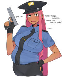 Rule 34 | 1girl, april fools, aqua eyes, black gloves, black hat, black necktie, black pants, blue shirt, blush, breast pocket, breasts, collared shirt, cowboy shot, dark-skinned female, dark skin, earrings, english text, female focus, fingerless gloves, gloves, gun, half-closed eyes, hand on own hip, hand up, handgun, hat, highres, holding, holding gun, holding weapon, jewelry, large breasts, long hair, looking at viewer, mole, mole under eye, multiple earrings, necktie, ohasi, open mouth, original, pants, pink (ohasi), pink hair, pocket, police, police hat, police uniform, policewoman, shirt, shirt tucked in, short sleeves, sidelocks, simple background, solo, standing, talking, tie clip, trigger discipline, uniform, v-shaped eyebrows, weapon, white background