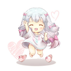 Rule 34 | 10s, 1girl, :d, ^ ^, adrenaline!!!, arm up, blush, bow, chibi, closed eyes, clothes writing, eromanga sensei, finger gun, full body, hair bow, happy, heart, izumi sagiri, jumping, long hair, looking at viewer, open mouth, oversized clothes, oversized shirt, panties, panty peek, pink bow, pink panties, polka dot, polka dot panties, shirt, silver hair, simple background, slippers, unworn slippers, smile, solo, subin, t-shirt, underwear, very long hair, watermark, white background