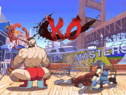 Rule 34 | 1boy, 1girl, ass, back, beard, broly culo (meme), brown hair, capcom, character print, chun-li, cross scar, facial hair, family guy death pose (meme), fighting game, from behind, full body, grin, highres, huge ass, k.o., ken masters, looking at viewer, looking back, lying, mature male, meme, mohawk, muscular, muscular male, on side, scar, scar on arm, short hair, smile, squatting, street fighter, thick thighs, thighs, tina fate, topless male, wrestling outfit, zangief
