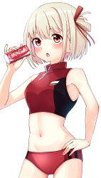 Rule 34 | 1girl, absurdres, ao (flowerclasse), bare arms, bare shoulders, blonde hair, blush, breasts, buruma, can, coca-cola, commentary request, cowboy shot, crop top, drink can, hair between eyes, hair ribbon, hand on own hip, highres, holding, holding can, looking at viewer, lycoris recoil, medium breasts, navel, nishikigi chisato, official alternate costume, parted lips, red buruma, red eyes, red ribbon, ribbon, simple background, soda can, solo, sweat, white background