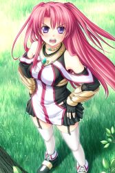 Rule 34 | 1girl, game cg, grass, highres, kannatsuki noboru, long hair, maou to odore! ii, marie grenoble, outdoors, pink hair, purple eyes, red hair, solo, thighhighs, twintails