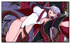 Rule 34 | 1girl, armpits, arms up, bare shoulders, bat wings, bb (fate), bb (fate) (all), bb (swimsuit mooncancer) (fate), bb (swimsuit mooncancer) (third ascension) (fate), black coat, blush, breasts, coat, fate/grand order, fate (series), gloves, hacco mayu, hair ribbon, highleg, highleg leotard, highres, large breasts, leotard, long hair, looking at viewer, neck ribbon, open clothes, open coat, open mouth, popped collar, purple eyes, purple hair, red ribbon, ribbon, smile, solo, tentacles, thighs, very long hair, white gloves, white leotard, wings