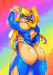 Rule 34 | 1girl, absurdres, arm up, ass, back cutout, blue eyes, breasts, clothing cutout, cropped legs, domino mask, frills, grin, highres, huge ass, large breasts, mask, muscular, muscular female, rainbow background, rainbow mika, shoulder cutout, smile, solo, standing, street fighter, street fighter v, tate (mzn005), thick thighs, thighs, twintails, wrestling outfit