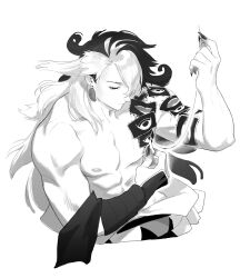 Rule 34 | 1boy, absurdres, ashiya douman (fate), asymmetrical hair, black eyes, black hair, cliff (42961931), cropped torso, curly hair, earrings, fate/grand order, fate (series), fingernails, from above, hair between eyes, half-closed eyes, highres, jewelry, long hair, magatama, magatama earrings, male focus, multicolored hair, needle, open clothes, pectorals, sewing, sewing needle, sharp fingernails, third eye on chest, toned, toned male, two-tone hair, very long fingernails, very long hair, white hair