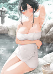 Rule 34 | 1girl, arm up, armpits, bare arms, bare shoulders, black hair, blue eyes, breasts, bucket, cleavage, closed mouth, commentary request, covered navel, day, fed (giba), highres, large breasts, looking at viewer, naked towel, one eye closed, onsen, original, outdoors, rock, short hair with long locks, sidelocks, sitting, snowing, solo, steam, stone lantern, towel, water, winter, wooden bucket