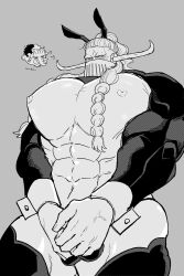 Rule 34 | 1boy, absurdres, animal ears, animalization, ass lift, bara, blush, braid, bulge, chibi, chibi inset, covering crotch, covering privates, crossdressing, crotchless, curled horns, greyscale, highres, horns, huge pectorals, jack (one piece), large hands, long hair, male focus, male playboy bunny, meme attire, monochrome, muscular, muscular male, navel, nipples, one piece, ponytail, rabbit ears, reverse bunnysuit, reverse outfit, shrug (clothing), shy, solo, stomach, thick arms, thick thighs, thighhighs, thighs, v arms, wodon (neotidon), wrist cuffs