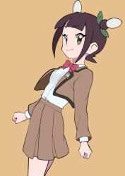 Rule 34 | 1girl, absurdres, ann (pokemon), blunt bangs, bow, bowtie, brown eyes, brown hair, brown jacket, brown skirt, clenched hands, closed mouth, commentary request, creatures (company), eyelashes, fang, fang out, game freak, green ribbon, hair ribbon, highres, jacket, long sleeves, looking at viewer, looking to the side, nintendo, open clothes, open jacket, pleated skirt, pokemon, pokemon (anime), pokemon horizons, red bow, red bowtie, ribbon, school uniform, shirt, skirt, smile, solo, tankobukids, two side up, white shirt, yellow background