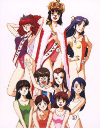 Rule 34 | 1980s (style), 6+girls, amano kazumi, arms behind head, blue hair, brown eyes, brown hair, casual one-piece swimsuit, competition swimsuit, crown, glasses, highleg, highleg swimsuit, higuchi kimiko, jung freud, legs, long hair, mikimoto haruhiko, multiple girls, retro artstyle, one-piece swimsuit, purple hair, red hair, retro artstyle, swimsuit, takaya noriko, top wo nerae!