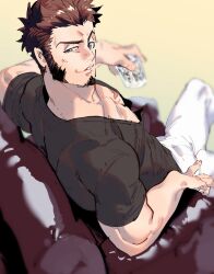 Rule 34 | 1boy, bara, black shirt, blue eyes, brown hair, couch, cup, facial hair, fate/grand order, fate (series), feet out of frame, foreshortening, from above, goatee, highres, holding, holding cup, imoda, large pectorals, long sideburns, looking at viewer, male focus, mature male, muscular, muscular male, napoleon bonaparte (fate), on couch, pants, pectoral cleavage, pectorals, scar, scar on chest, seductive smile, shirt, short hair, sideburns, smile, solo, spread legs, t-shirt, thick eyebrows, v-neck, white pants
