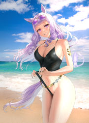Rule 34 | absurdres, animal ears, arm tattoo, bad id, bad pixiv id, beach, black one-piece swimsuit, breasts, cleavage, clothes pull, frontal wedgie, gold ship (run revolt launcher) (umamusume), gold ship (umamusume), grin, highres, horse ears, horse girl, horse tail, large breasts, long hair, looking at viewer, navel, ocean, one-piece swimsuit, one-piece swimsuit pull, outdoors, pulled by self, purple eyes, purple hair, ryu geurim, sand, smile, squid, standing, stomach, swimsuit, tail, tattoo, teeth, thighs, umamusume, water, wedgie