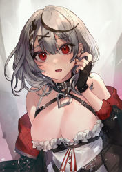 Rule 34 | 1girl, ahoge, backless outfit, bare shoulders, belt, black coat, black gloves, black hair, blush, braid, breasts, cleavage, coat, collar, commentary request, dress, ear piercing, fingerless gloves, frilled dress, frills, gloves, hair ornament, hairclip, heart, highres, hololive, large breasts, looking at viewer, multicolored hair, nail polish, off shoulder, open clothes, open coat, open mouth, piercing, purin uni, red eyes, red nails, sakamata chloe, short hair, silver hair, solo, streaked hair, two-tone hair, upper body, virtual youtuber, white dress, x hair ornament