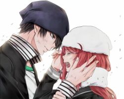 Rule 34 | 10s, 1boy, 1girl, artist request, bad id, bad pixiv id, ban airi, beanie, black hair, couple, crying, devil survivor, devil survivor 2, grey eyes, hand on another&#039;s face, hat, jacket, long hair, open mouth, popped collar, red hair, scarf, school uniform, serafuku, sidelocks, simple background, torii jungo, white background