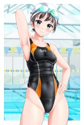 Rule 34 | 1girl, absurdres, armpits, black hair, black one-piece swimsuit, blue eyes, breasts, clock, clothes writing, competition swimsuit, covered navel, goggles, goggles on head, groin, hand on own hip, highres, indoors, lane line, one-piece swimsuit, original, pool, presenting armpit, small breasts, solo, string of flags, swim cap, swimsuit, takafumi, white headwear