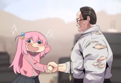 Rule 34 | 1boy, 1girl, :d, arm behind head, art shift, black hair, black skirt, bocchi the rock!, commentary, crossover, cube hair ornament, embarrassed, english commentary, glasses, gotoh hitori, hair between eyes, hair ornament, handshake, highres, hinghoi, jacket, long hair, looking at another, metal gear (series), metal gear rising: revengeance, muscular, muscular male, necktie, one side up, open mouth, outdoors, pink hair, pink jacket, pleated skirt, sidelocks, skirt, smile, steven armstrong, torn clothes, track jacket, turtleneck, turtleneck jacket, yellow necktie