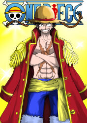 Rule 34 | 1boy, aged up, black hair, crossed arms, exerionz, facial hair, facial scar, hat, highres, jolly roger, logo, looking at viewer, monkey d. luffy, one piece, scar, scar on cheek, scar on chest, scar on face, short hair, smile, solo, straw hat, straw hats jolly roger, teeth