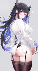 Rule 34 | 1girl, ass, asymmetrical horns, black garter belt, black hair, black panties, black thighhighs, blue hair, blush, breasts, colored inner hair, commentary, demon horns, deyui, english commentary, from behind, garter belt, grey background, highres, hololive, hololive english, horns, large breasts, long hair, looking at viewer, mole, mole under eye, multicolored hair, nerissa ravencroft, paid reward available, panties, red eyes, see-through, shirt, solo, thighhighs, thong, two-tone hair, underwear, uneven horns, virtual youtuber, white shirt
