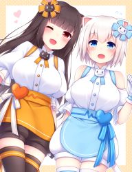 Rule 34 | 2girls, ;d, animal ears, apron, black legwear, blue apron, blue eyes, blunt bangs, blush, border, breasts, brown hair, cat ears, cat hair ornament, cat tail, character request, chunithm, commentary request, fang, flying sweatdrops, gloves, hair ornament, heart, highres, large breasts, long hair, looking at viewer, maimai (game), multiple girls, one eye closed, open mouth, orange apron, outside border, puffy shorts, red eyes, sanotsuki, shirt, short hair, shorts, smile, tail, thighhighs, very long hair, waist apron, waitress, white background, white gloves, white hair, white shirt