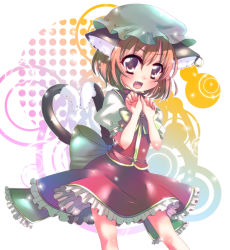 Rule 34 | 1girl, animal ears, bad id, bad pixiv id, brown hair, cat ears, cat girl, cat tail, chen, earrings, female focus, hat, heart, heart tail, jewelry, komiya hitoma, multiple tails, short hair, skirt, solo, tail, touhou, white background