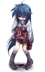 Rule 34 | 1girl, ahoge, arm at side, black socks, blood, blood on clothes, blood on ground, blood on hands, blood on leg, blue hair, brown footwear, commentary request, crying, crying with eyes open, disembowelment, fang, full body, furrowed brow, green eyes, guro, hair between eyes, holding organ, intestines, izumi konata, kneehighs, loafers, long hair, lucky star, neckerchief, one eye closed, open mouth, organs, pink neckerchief, pink sailor collar, pink skirt, pleated skirt, ryouou school uniform, sailor collar, school uniform, serafuku, shirt, shoes, sidelocks, skirt, socks, solo, striped clothes, striped skirt, tako3000, tears, very long hair, white background, white shirt