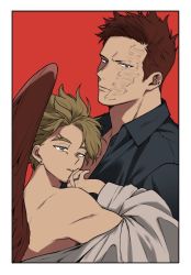 Rule 34 | 2boys, black shirt, blonde hair, blue eyes, boku no hero academia, couple, endeavor (boku no hero academia), facial hair, feathered wings, hawks (boku no hero academia), head tilt, looking at viewer, male focus, mature male, multiple boys, neko nomimi (nekoooo512), off shoulder, partially unbuttoned, red hair, red wings, scar, scar across eye, scar on face, shirt, short hair, sideburns, spiked hair, stubble, toned, toned male, upper body, wings, yaoi