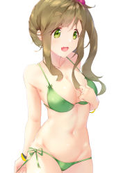 Rule 34 | 1girl, bikini, blush, breasts, brown hair, cleavage, dgle3370, fang, fang out, green bikini, green eyes, hair bobbles, hair ornament, highres, inuyama aoi, large breasts, navel, open mouth, side-tie bikini bottom, side ponytail, simple background, skin fang, smile, solo, swept bangs, swimsuit, thick eyebrows, white background, yurucamp