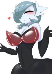 Rule 34 | 1girl, alternate color, bare shoulders, blue hair, blush, breasts, closed eyes, creatures (company), dress, elbow gloves, game freak, gardevoir, gen 3 pokemon, gloves, hair over one eye, heart, highres, large breasts, mega gardevoir, mega pokemon, nintendo, no humans, pokemon, pokemon (creature), shiny pokemon, short hair, simple background, solo, uncats, white background